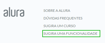 Captura de tela do rodapé do site da Alura. A imagem contem a logo da Alura e ao lado algumas interações em forma de opções: a sugira um curso está destacada de verde, sinalizando que por ela podemos sugerir uma ideia de curso para plataforma.