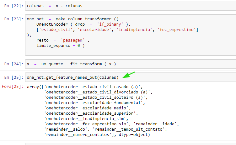 Captura de tela mostrando o retorno do código que é uma lista de novos nomes de colunas para os dados codificados one-hot correspondentes às colunas originais em colunas.