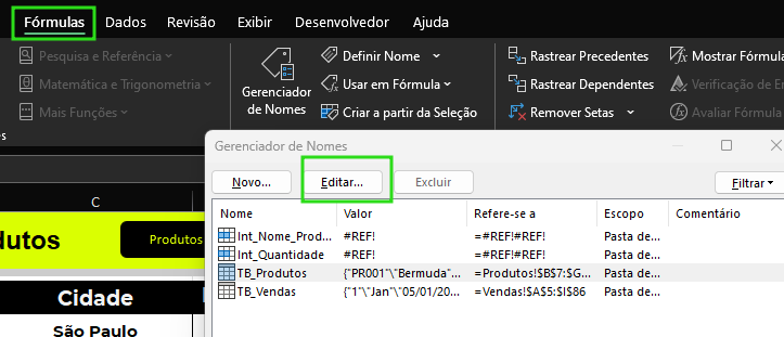 Captura de tela ilustrando os passos mencionados anteriormente para editar o nome de um intervalo, indo na guia Formulas, clicando na opção de gerenciador de nomes e editando o nome.