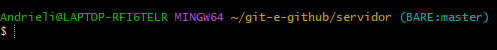 Captura de tela do GIT. Tela de fundo preto com duas linhas de texto. Na primeira linha, é indicado o dispositivo em uso, que é precedido pelo caminho til_barra_git_hífen_e_hífen_github_barra_servidor; no fim da linha há o texto abre_parênteses_BARE_dois_pontos_master_fecha_parênteses . Na segunda linha, há o sinal de cifrão.