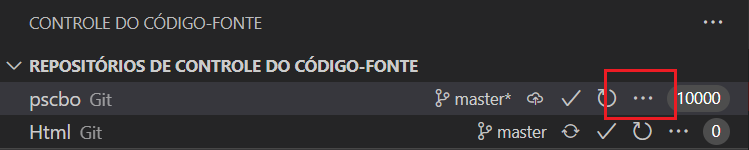 Captura de tela do Visual Studio Code. Na parte superior da tela está escrito "Controle do código-fonte". Logo abaixo disso, há uma aba aberta chamada "Repositórios de controle do código-fonte". Na primeira linha desta aba, na lateral esquerda, há o nome do repositório "pscbo"; no lado direito, estão em sequência, os ícones "Master", "Publicar em Github",  "Commit", "Atualizar" e "Mais ações", que está destacado por uma borda vermelha; na extrema direita desta linha há o número 10.000, que representa o total de modificações. A segunda linha da aba contém o repositório "Html" com os mesmos ícones da linha anterior.