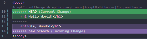 Captura de tela. Trecho de código em HTML no editor de texto Visual Studio Code. A primeira linha possui a tag “body”. Logo abaixo, há uma sequência de opções em Inglês, que significam “Aceitar mudança atual”, “Aceitar mudança recebida”, “Aceitar ambas mudanças” e “Comparar mudanças”. Abaixo, está destacado pela cor verde o código presente na branch master, o qual é separado por um conjunto de sinais de igual, indicando uma linha. Depois disso, há o código presente na nova branch que foi criada. Por fim, há a tag de fechamento de “body”.