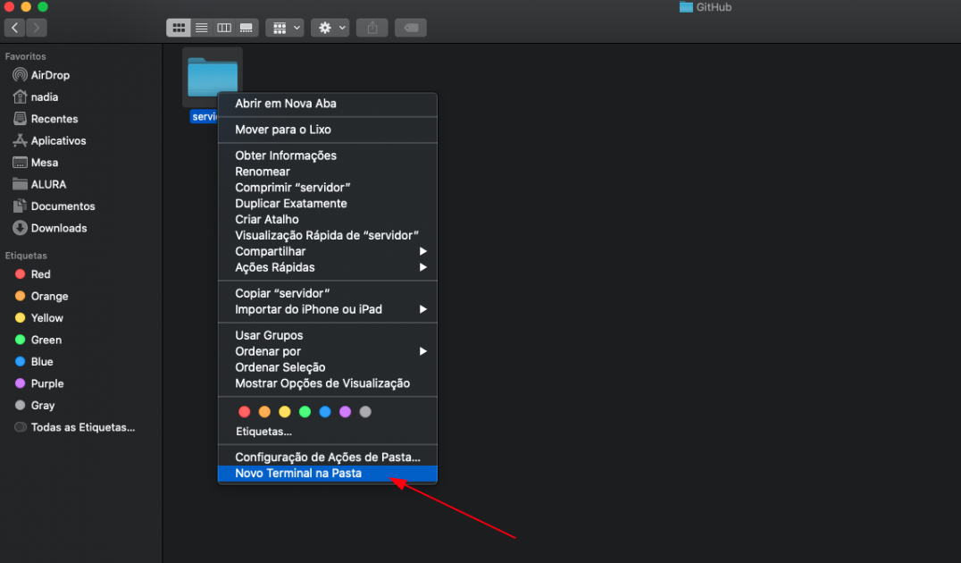 Captura de tela do explorador de arquivos do MacOS. Na lateral esquerda, há um menu com itens na seção “Favoritos” e uma seção de nome “Etiquetas”. Ao centro da tela, há uma pasta chamada “servidor”. Dela, parte uma lista de itens. O último item que diz “Novo Terminal na Pasta” está selecionado pelo mouse e destacado por uma seta vermelha.