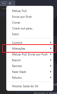 Captura de tela do Visual Studio Code. Lista de menu dropdown que foi habilidade após a seleção da opção "Mais ações". Os itens da lista são: "Efetuar Pull", "Enviar por Push", "Clonar, "Check-out para…", "Fetch", "Commit", "Alterações", "Efetuar Pull, Enviar por Push", "Branch", "Remoto", "Fazer Stash", "Rótulos" e "Mostrar Saída do Git". O item "Alterações" está destacado por uma borda vermelha.