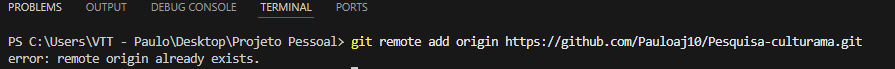 Erro para subir no git-hub - error: remote origin already exists.