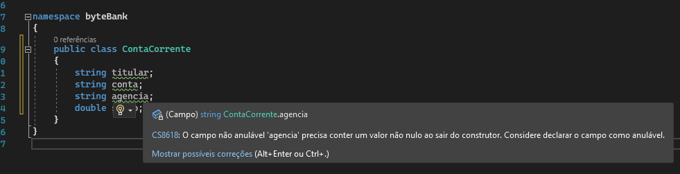 Aqui, quando eu declaro as variáveis na classe aparece o seguinte erro, campo não anulável