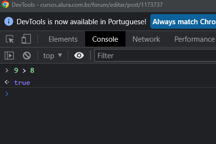 Verificando 9 > 8 é igual a True