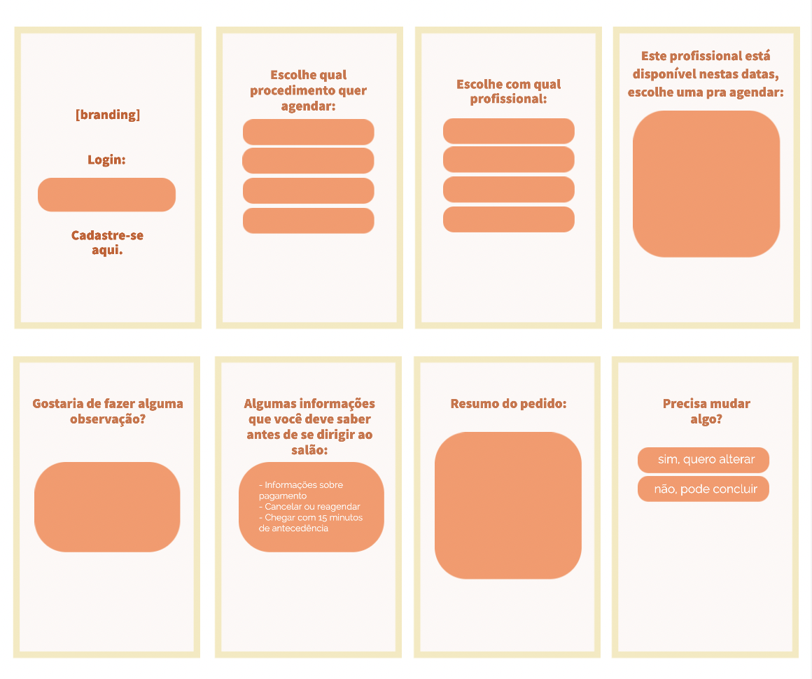 8 telas com o passo a passo do usuário para agendar um procedimento em um salão de beleza