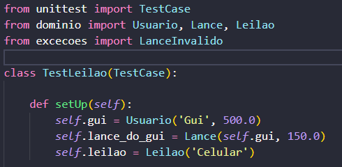 Classe testLeilao com os imports e a função setUp