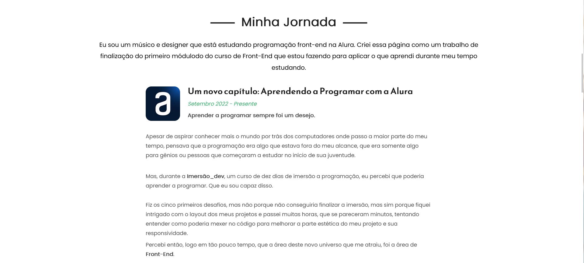 Sessão do site sobre minhas jornadas profissionais