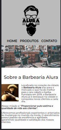 Visualiação mobile da página index.html, Home da barbearia alura como ensinada no curso