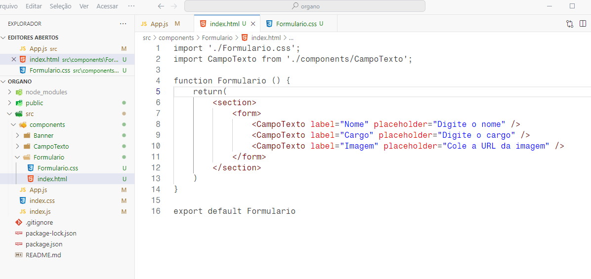 Captura de tela do vscode mostrando o código do componente Formulário