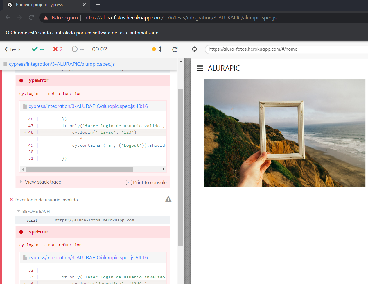 Tela do cypress com erro