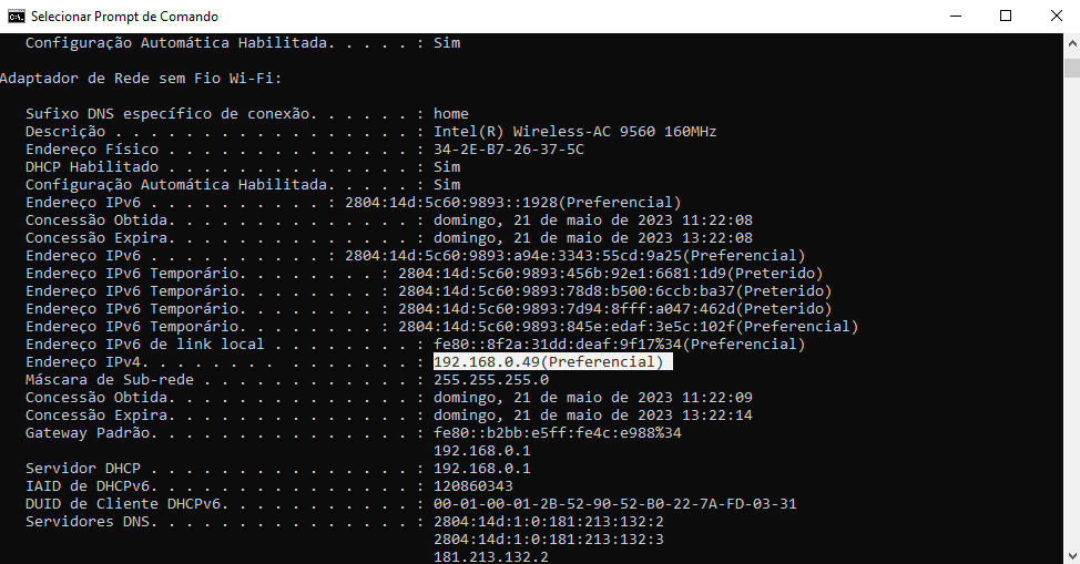 print do cmd com ipconfig retornando o ip local da máquina