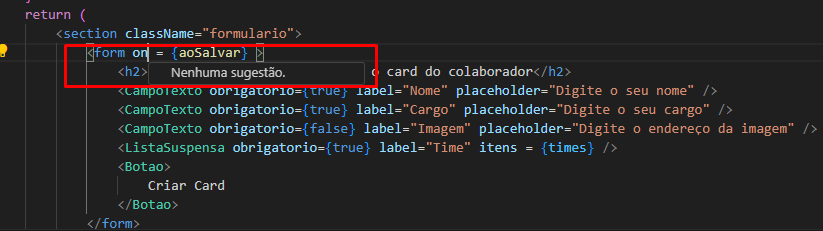 Imagem que mostra uma parte do código sem as sugestões do vscode para React