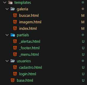 Imagem mostrando a pasta template do projeto, nela base.html está na raiz da pasta, dentro dessa pasta também há uma pasta chamada partials com os arquivos das partials, uma pasta galeria com os templates do app galeria e uma pasta usuarios com os templates do app usuarios.