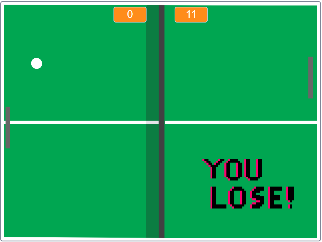 Imagem simulando uma mesa de ping pong verde, como uma linha vertical preta no meio representando a rede, com linhas brancas em volta da mesa. Uma frase escrita You Lose no canto inferior direito e o placar de 0 a 11 na parte superior