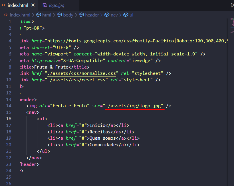 Imagem da tela do VS Code no arquivo Index