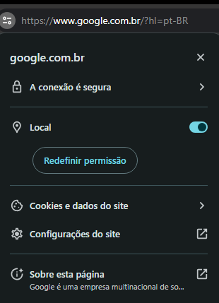 A imagem mostra o menu de configurações de um site no navegador Google Chrome. O site em questão é o Google.com.br, e a interface está em português brasileiro.