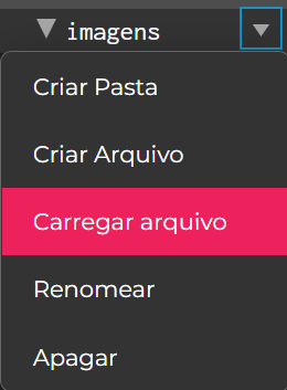 Pasta na ferramenta p5.js a imagem tem tons em cinzas e preto, porém a frase carregar a arquivo se destaca na coluna de comandos ela está em um tom rosa dando destaque ao usuário que ali é a área de seleção, e que o mesmo será redirecionado caso clicado.