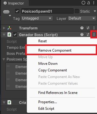 Dentro da unity, no menu de "inspect" a imagem mostra um retângulo vermelho, localizando para os 3 pontinhos de opções do script "geradorBOSS" e depois no campo para remover o component