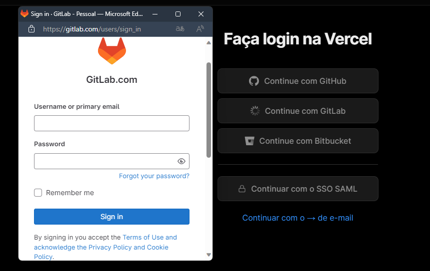 Dentro do vvercel uma janela popup com a ferramenta GitLab