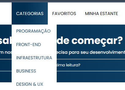 Dentro do projeto alurabooks, o print mostra o cabelhaço ou header, no qual mostra uma lista em um menu alinhado com a sessão categorias