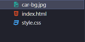   Dentro no Vscode, a imegam mostra 3 tipos de arquivos em uma coluna, arquivos são, de imagem chamado “car-bg.jpg” o index.html e o style.css, sobre a imagem ela tem um sombreamento, que demonstra que ela está sendo selecionada perante os demais arquivos.