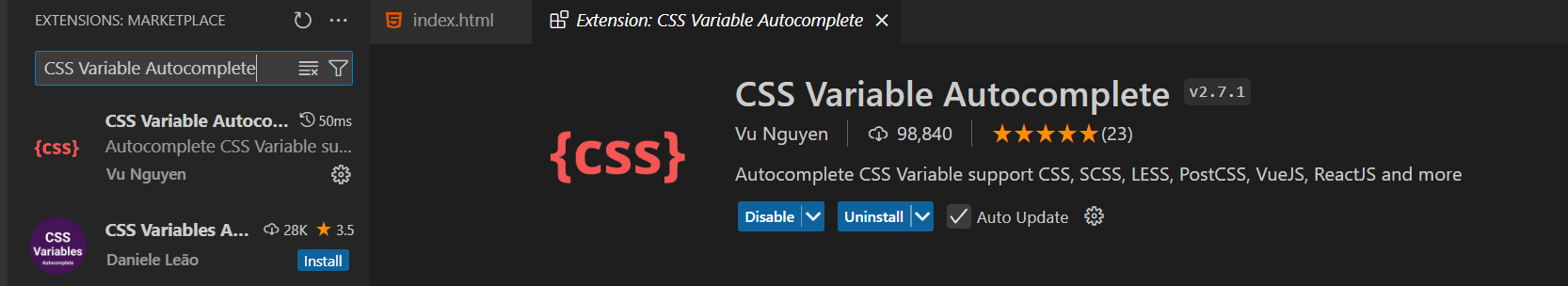 No Vscode em extensões procure por CSS Variable Autocomplete