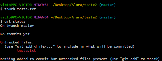 Um print retirado do terminal git bash, em que são executados dois comando: touch teste.txt, que não demonstra resultados e, logo após, o comando git status, que mostra que não há commits feitos e existem arquivos para serem adicionados, utilizando o commit git add