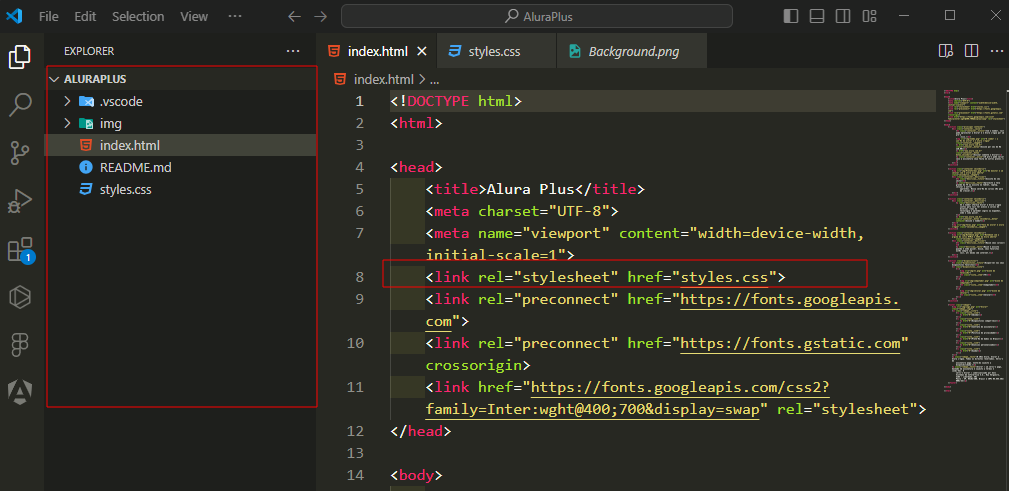 Print do Vscode, indicando os locais importantes para o print