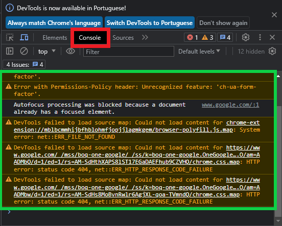 Console sendo inspecionado dentro do pesquisar google, mostrando algusn avisos