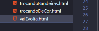 Arquivos com extensões .html, exemplificando a idea de selecionar o arquivo que quer ser iniciado, em resumo vemos uma tela da ferramenta VS CODE temos o ícone que representa o HTML , ao  lado tem o nome do arquivo, como trocandoBandeiras.html e temos 3 arquivos usando esse mesmo padrão o terceiro e ultimo arquivo da coluna chama atenção com um tom mais claro dando a entender estar selecionado sobre os demais. 