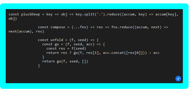 A imagem apresenta três funções JavaScript: pluckDeep, compose e unfold.