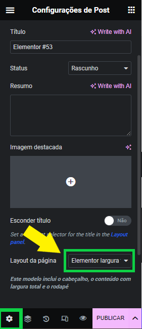 Dentro do plugin elementor, é apresentado as configurações