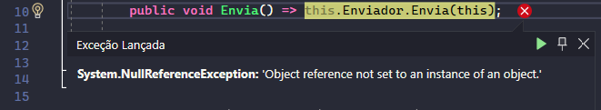 Print com o trecho do código do método Envia e a exceção disparada de System.NullReferenceException