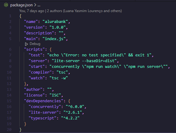 Imagem do código no arquivo package.json