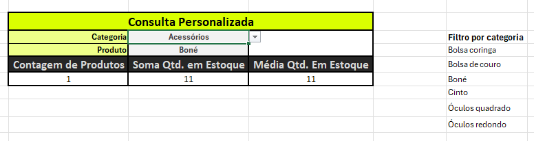 Painel Consulta Personalizada com a lista resultante da função FILTRAR ao lado