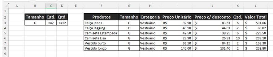 Exemplo de uso do filtro avançado com intervalo de quantidade