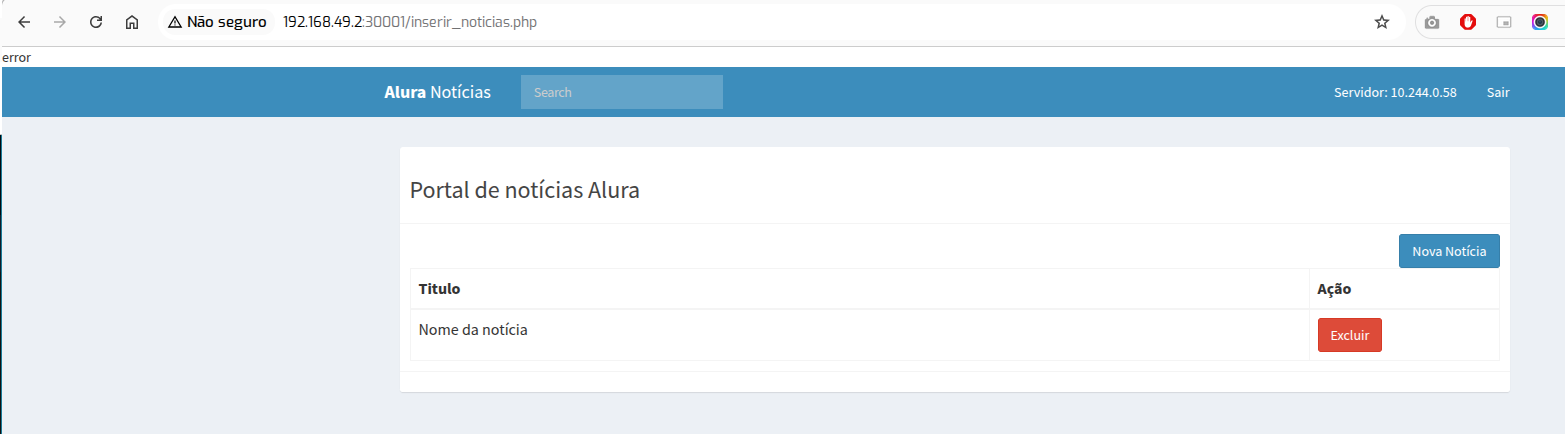 Mensagem "error" no topo da página