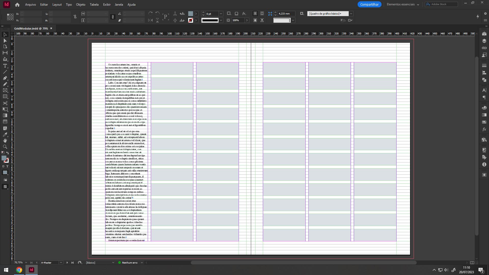 cópia de imagem da interface do programa adobe indesign com um exemplo de grid de linha de base e grid modular