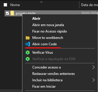 Abrindo pasta com VSCode