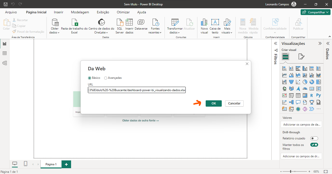 Tela do PowerBI Desktop mostrando o campo em que o link copiado do arquivo da web deverá inserido