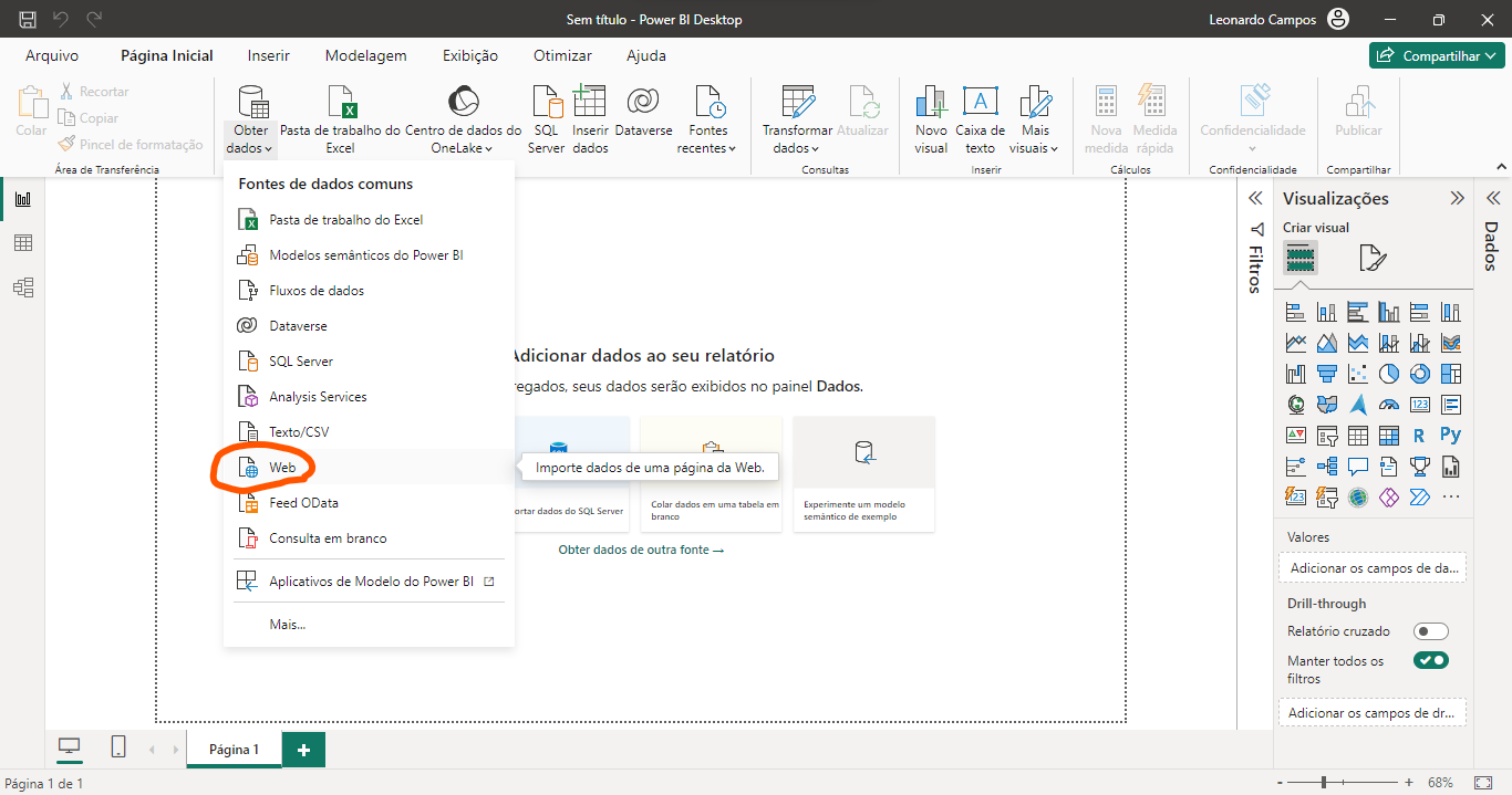 Tela do PowerBI Desktop mostrando as opções de obtenção de dados disponíveis na ferramenta