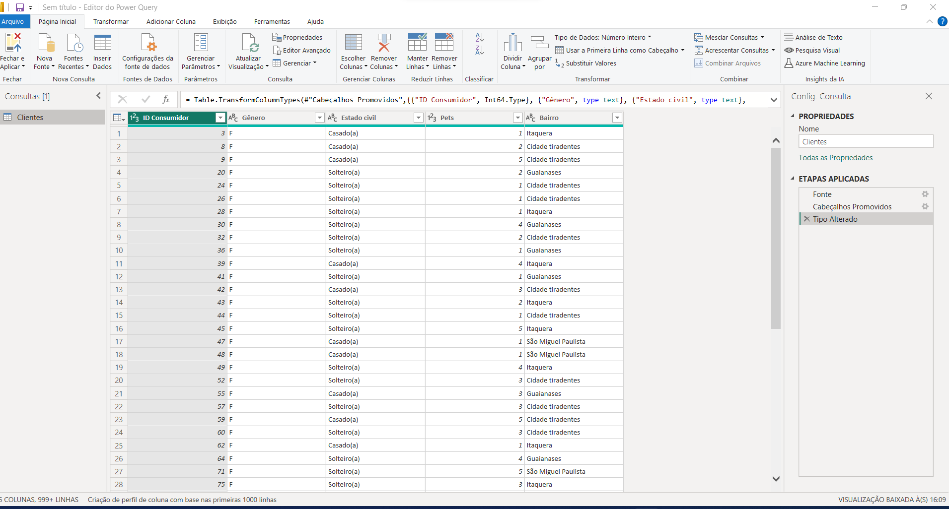 Visualização de clientes Power Query