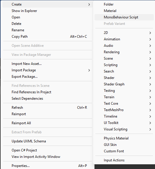 Imagem com menu de opções da pasta de assets da Unity, mostrando o fluxo de opção para criar um script na Unity 6 Botão direito do mouse na pasta Scripts > Create > MonoBehaviour Script