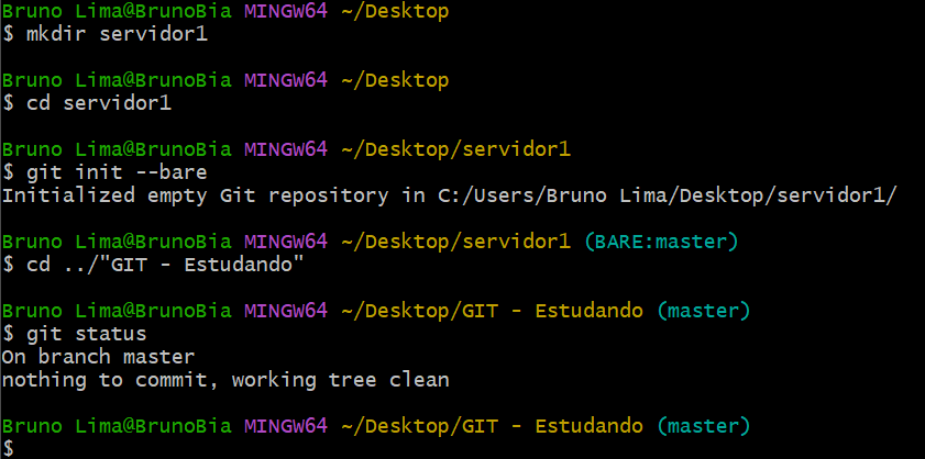 Mostrando a criação da pasta servidor1 para usar como repositório local, antes de adicionar o "git remote add local <endereco>"