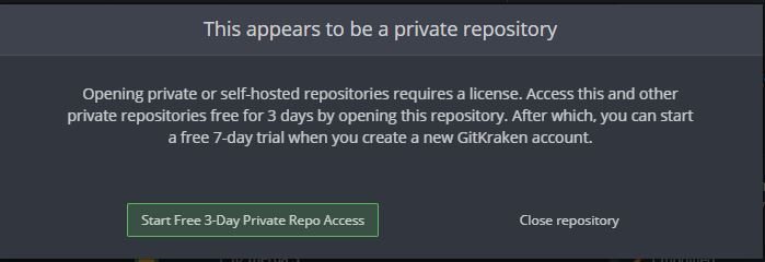 mensagem indicando que o gitkraken é pago para repositórios privados