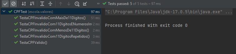 captura de tela no IntelliJ mostrando que tive êxito nos 5 testes dessa classe