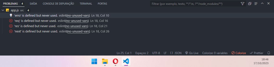 Print de uma tela de terminal do VSCode. Na imagem aparecem 4 erros na aba PROBLEMAS de argumentos que foram definidos, mas que ainda não foram utlizados no código